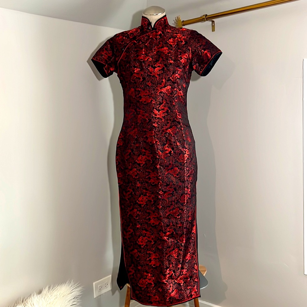 Vintage Dragon Red Satin Cheongsam / Qipao Dress